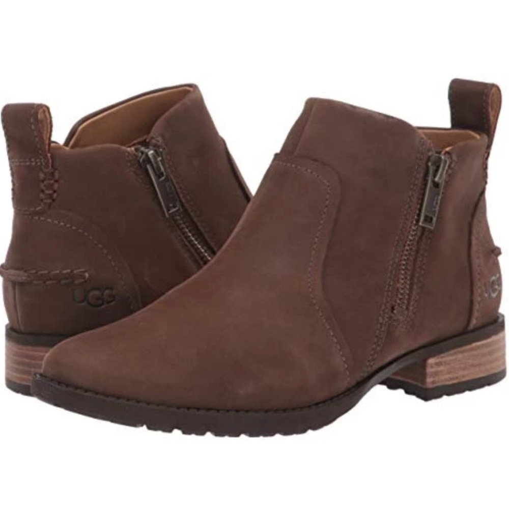 UGG Brown Leather Ankle Zip Booties